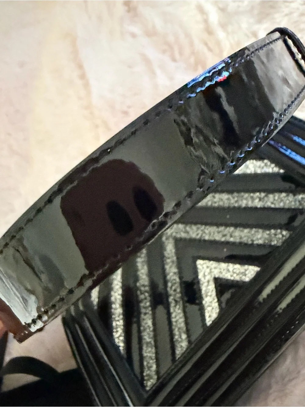 CHANEL Black & Silver Chevron Patent Glitter PVC Small Boy Bag Silver HDW